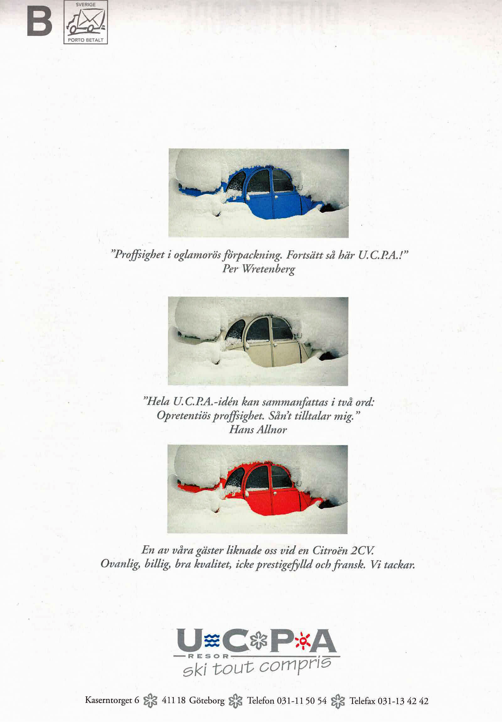 Katalogbaksida 1993/94: tre bilder av en snötäckt Citroën 2CV i blått, vitt och rött
